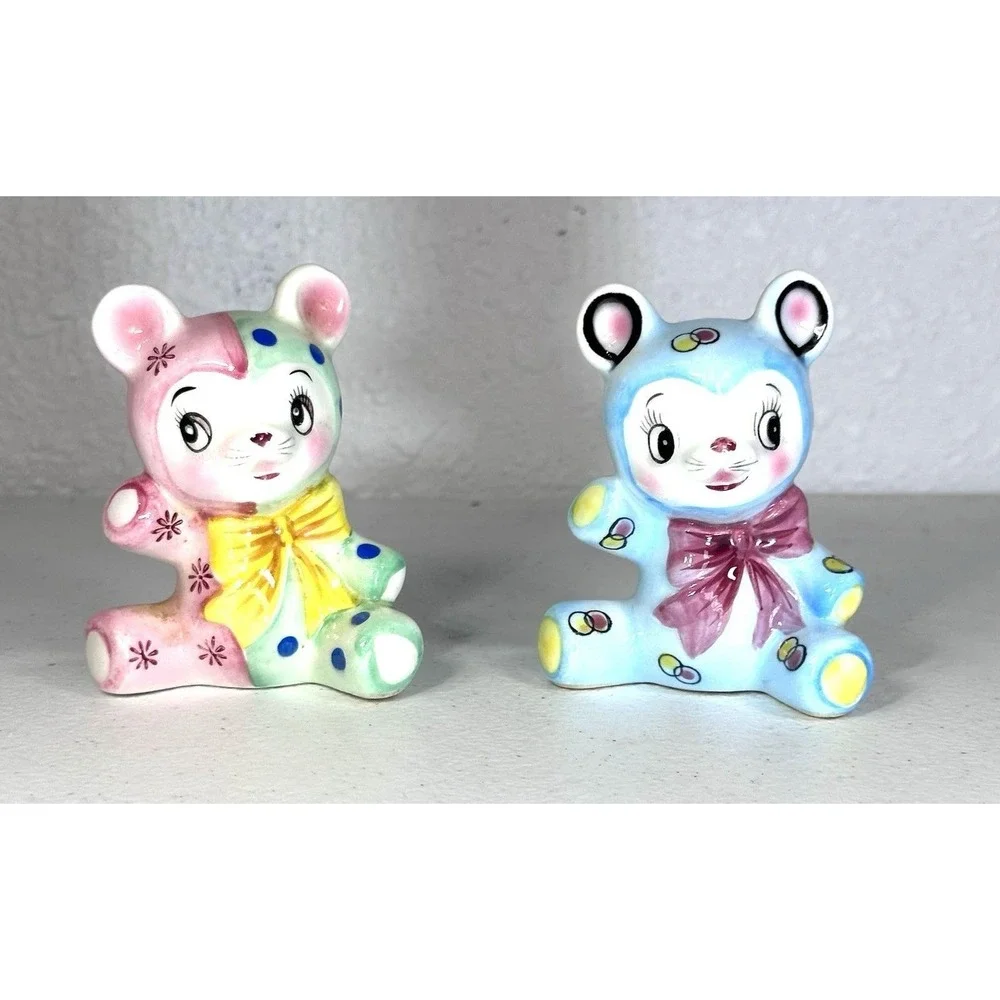 VTG 50s PY Anthropomorphic Teddy Bear Bow Japan Ceramic Salt Pepper Shakers RARE
